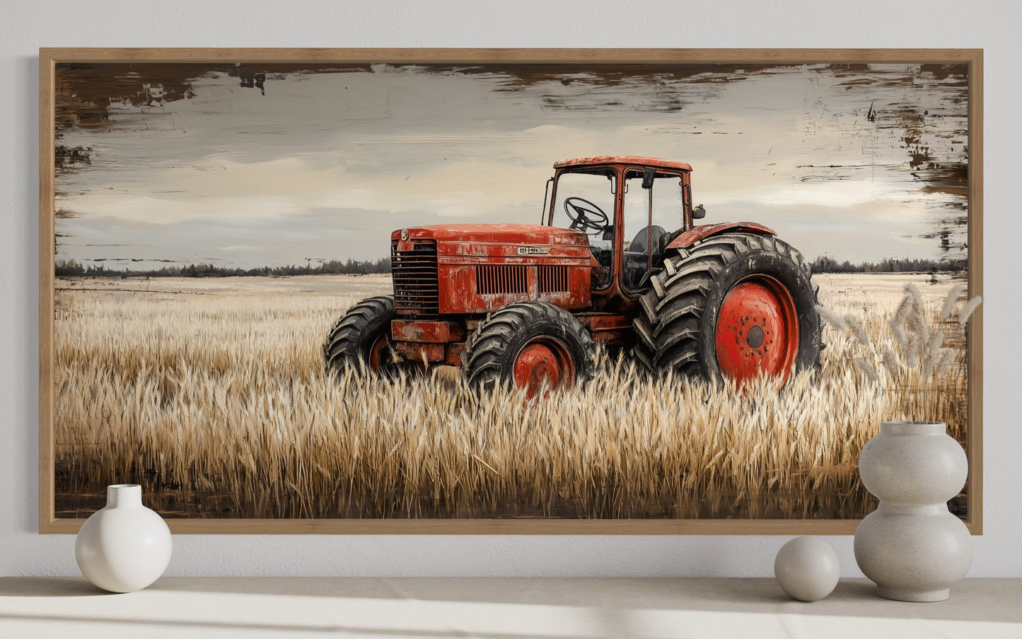 Red Tractor In The Wheat Field Rustic Farmhouse Wall Decor Canvas Wall Art