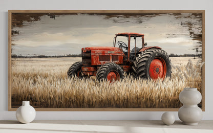 Red Tractor In The Wheat Field Rustic Farmhouse Wall Decor Canvas Wall Art