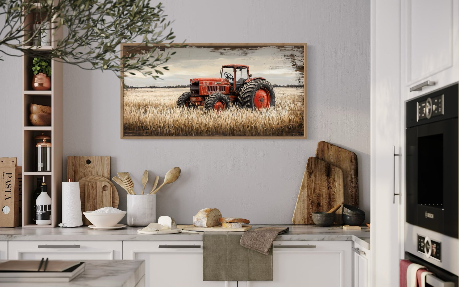 Red Tractor In The Wheat Field Rustic Farmhouse Wall Decor Canvas Wall Art
