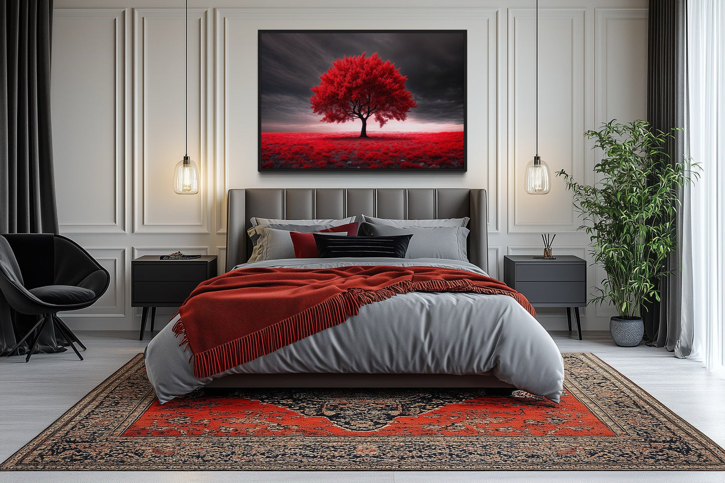 Red Tree On Black Background Framed Canvas Red Accent Wall Art