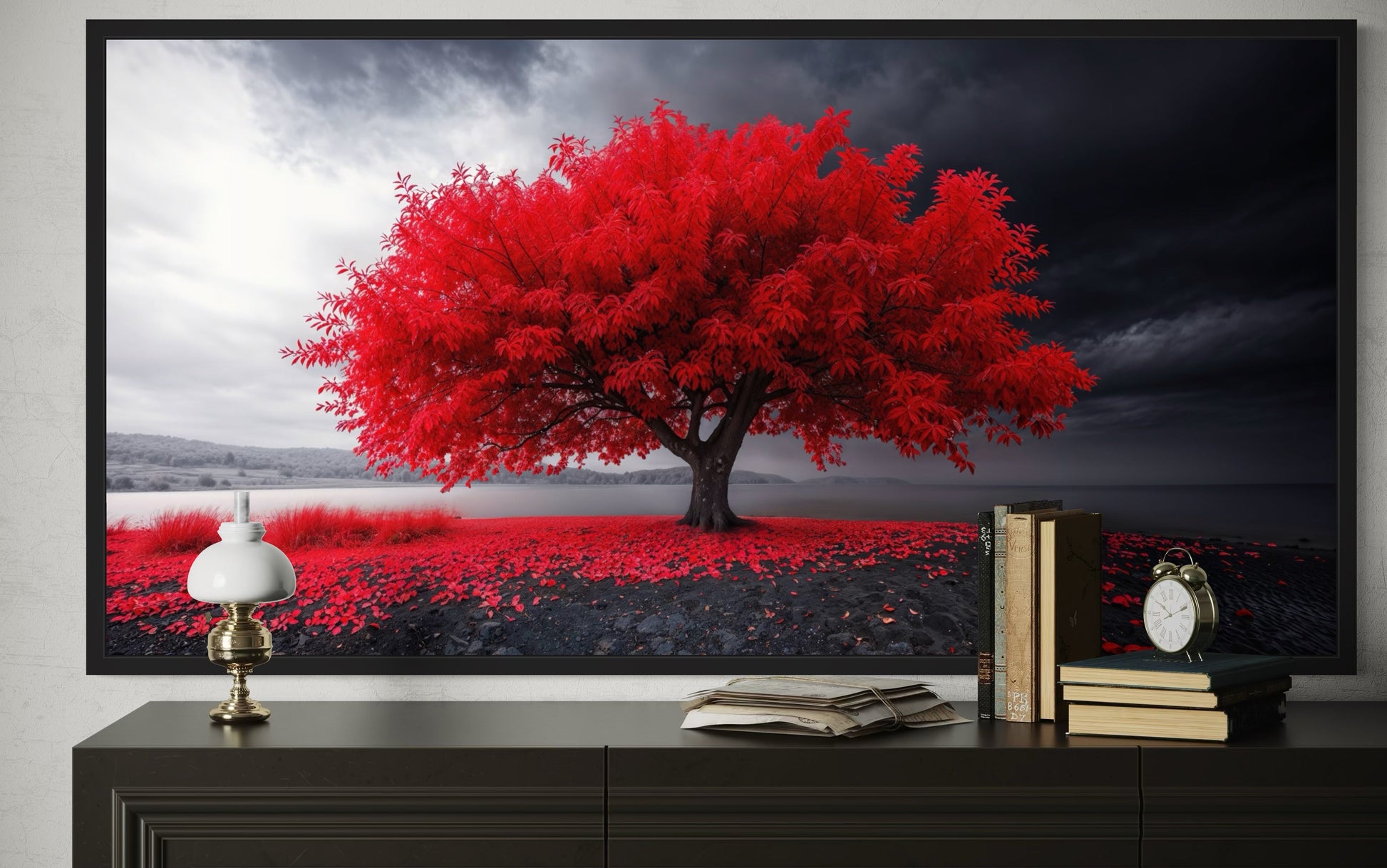 Red Tree Wall Art - Framed Canvas Print | Modern Black Red White Living Room Decor