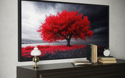 Red Tree Wall Art - Framed Canvas Print | Modern Black Red White Living Room Decor
