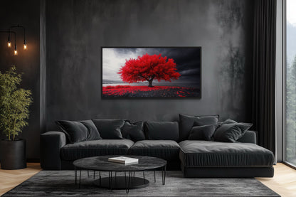 Red Tree Wall Art - Framed Canvas Print | Modern Black Red White Living Room Decor