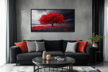 Red Tree Wall Art - Framed Canvas Print | Modern Black Red White Living Room Decor