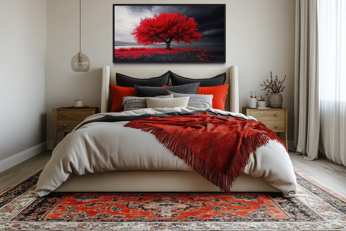 Red Tree Wall Art - Framed Canvas Print | Modern Black Red White Living Room Decor