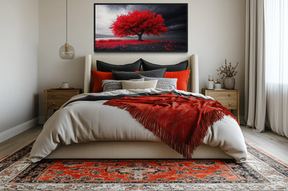 Red Tree Wall Art - Framed Canvas Print | Modern Black Red White Living Room Decor