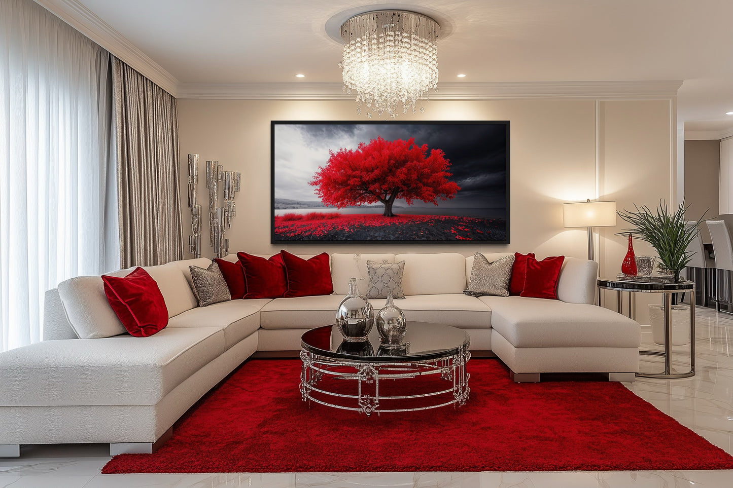 Red Tree Wall Art - Framed Canvas Print | Modern Black Red White Living Room Decor