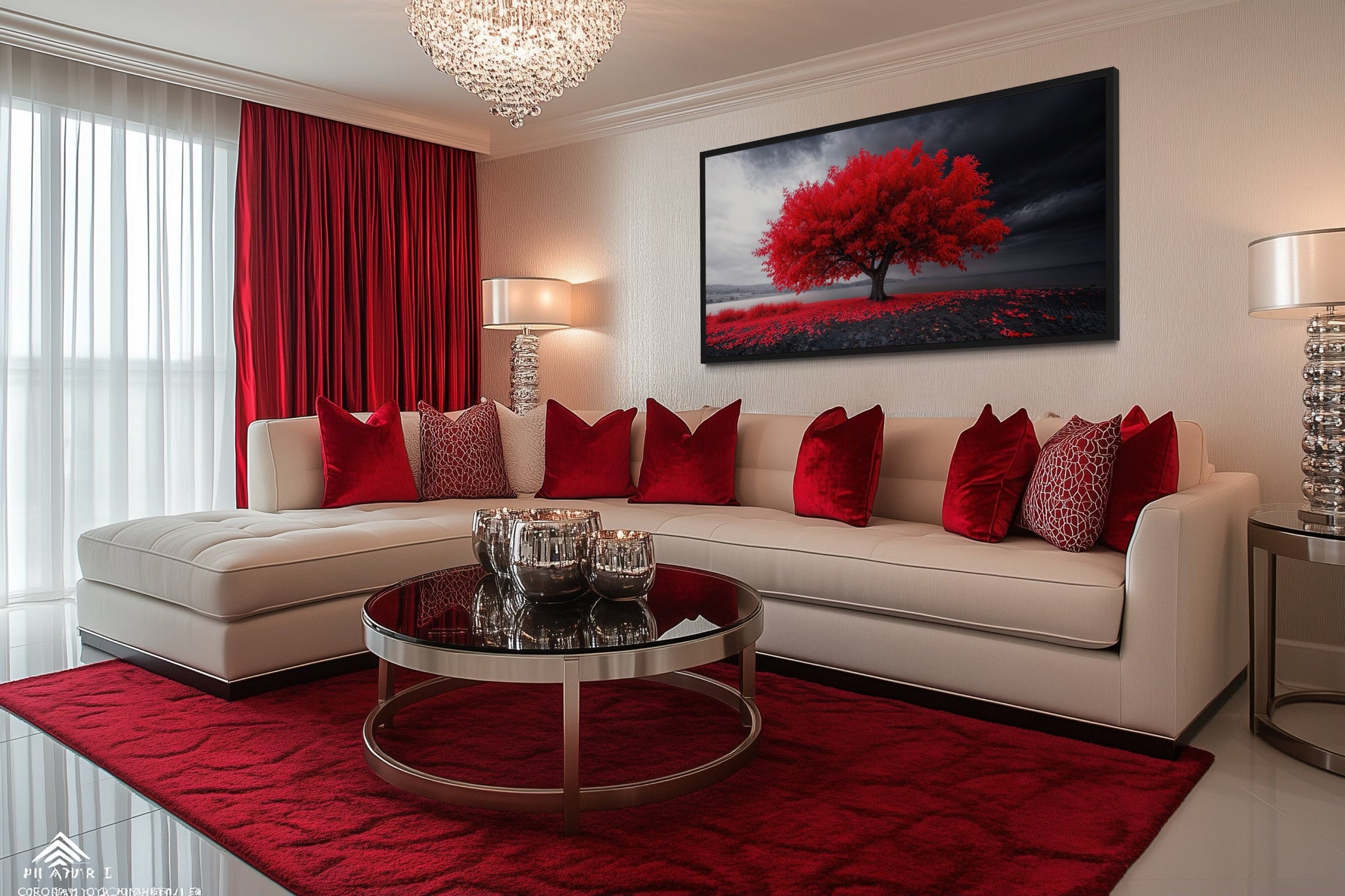 Red Tree Wall Art - Framed Canvas Print | Modern Black Red White Living Room Decor