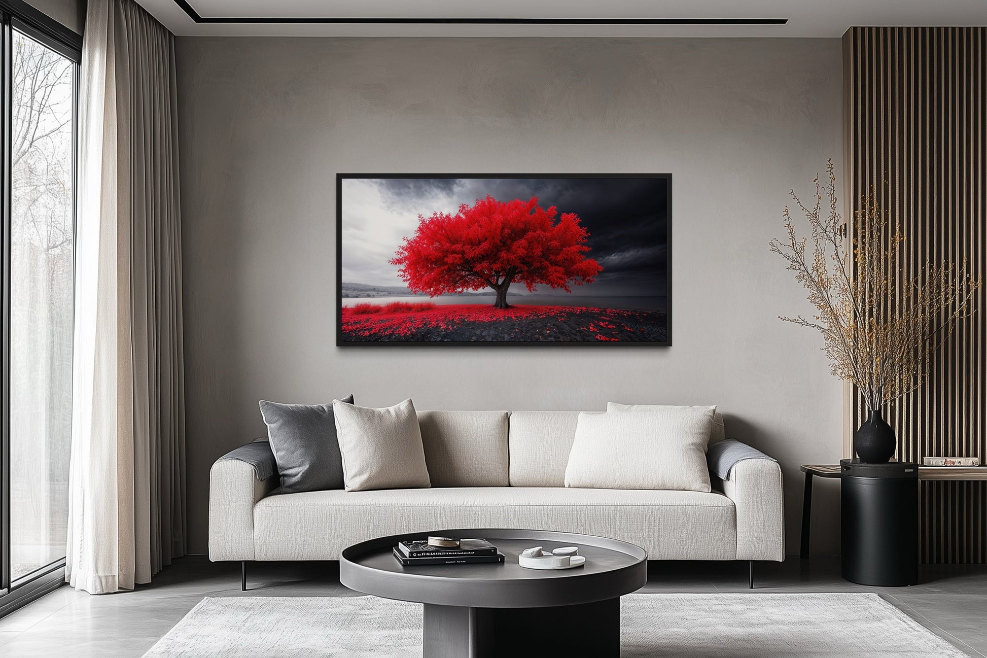 Red Tree Wall Art - Framed Canvas Print | Modern Black Red White Living Room Decor