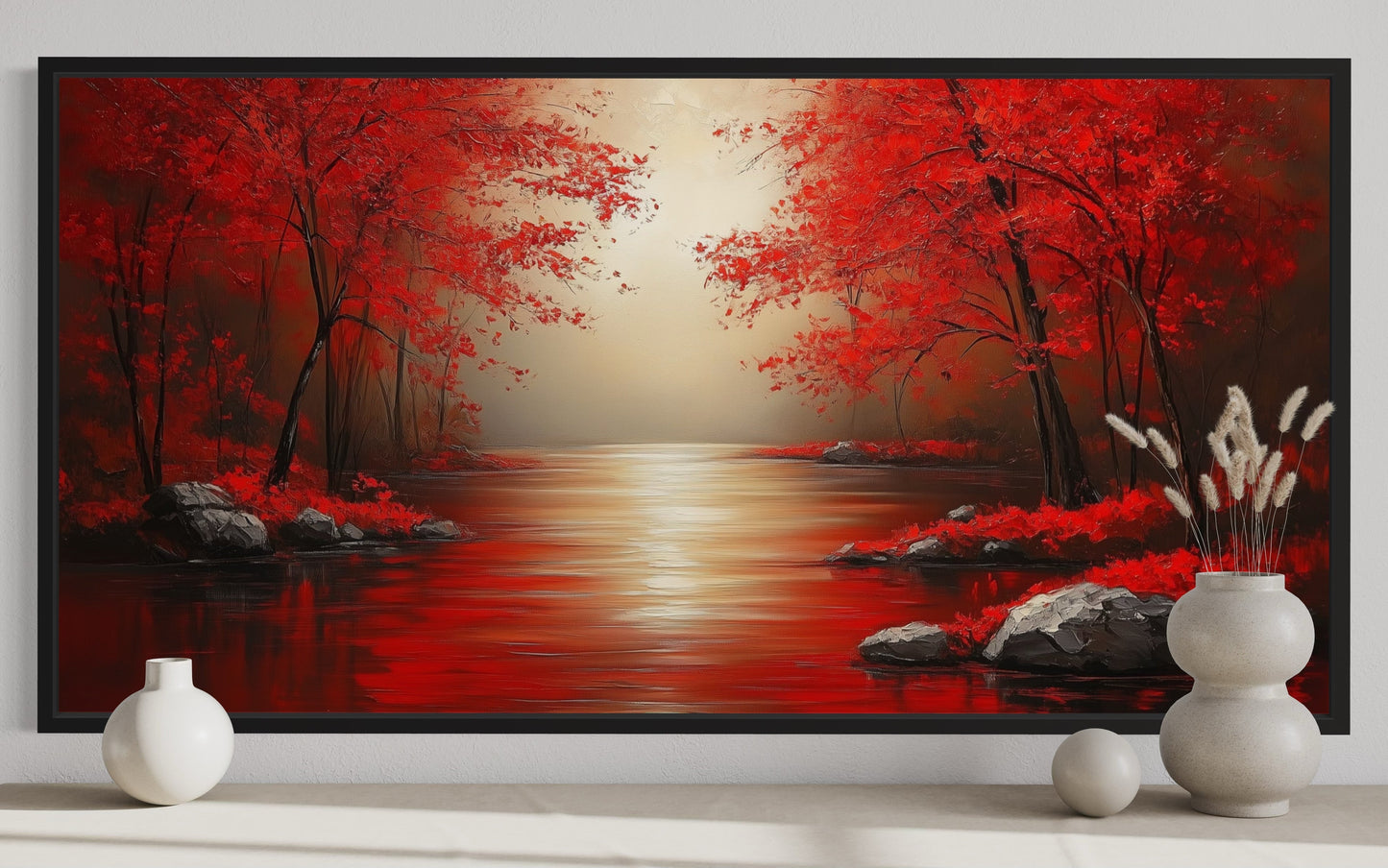Red Trees And River Autumn Landscape Framed Canvas Wall Art