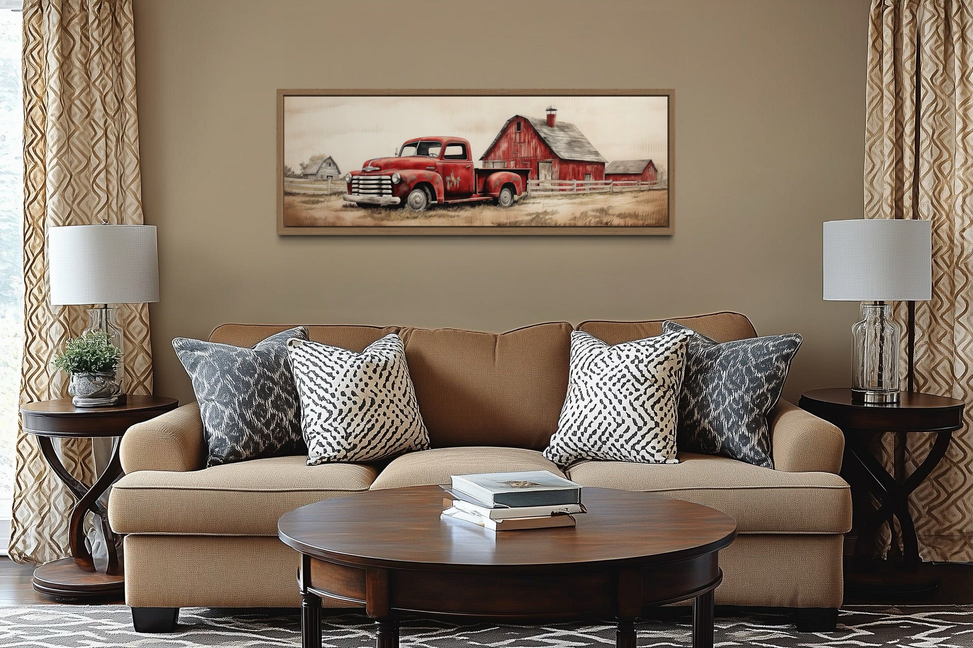 Red Truck And Barn Painting on Wood Framed Canvas Wall Art
