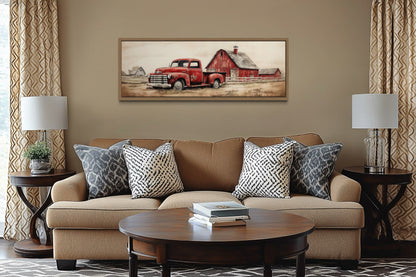 Red Truck And Barn Painting on Wood Framed Canvas Wall Art