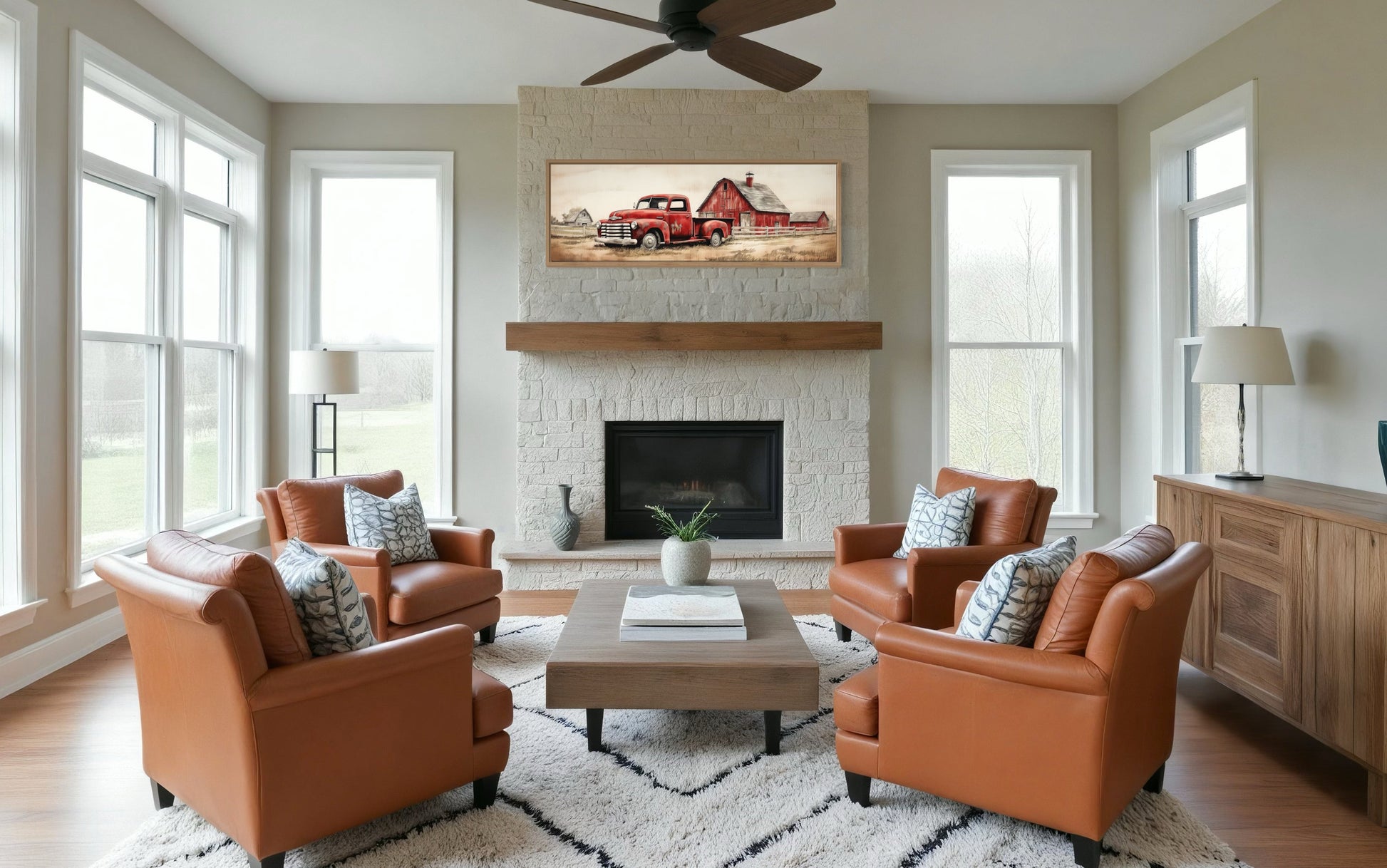 Red Truck And Barn Painting on Wood Framed Canvas Wall Art