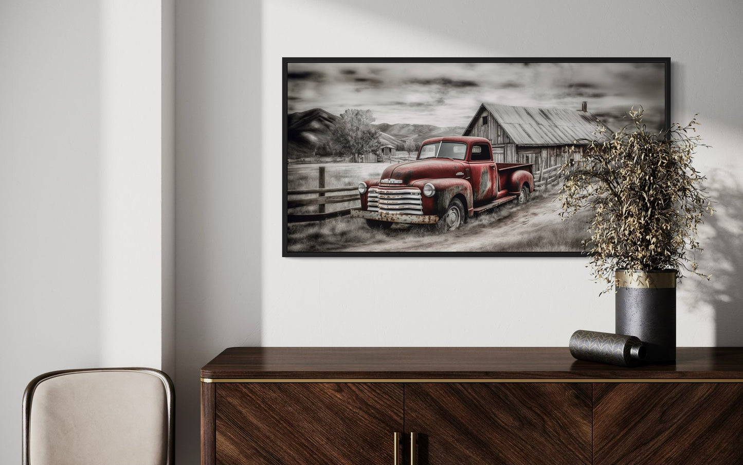 Red Truck And Barn Rustic Farmhouse Wall Decor Canvas Wall Art