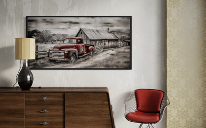 Red Truck And Barn Rustic Farmhouse Wall Decor Canvas Wall Art