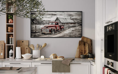 Red Truck And Barn Rustic Farmhouse Wall Decor Canvas Wall Art