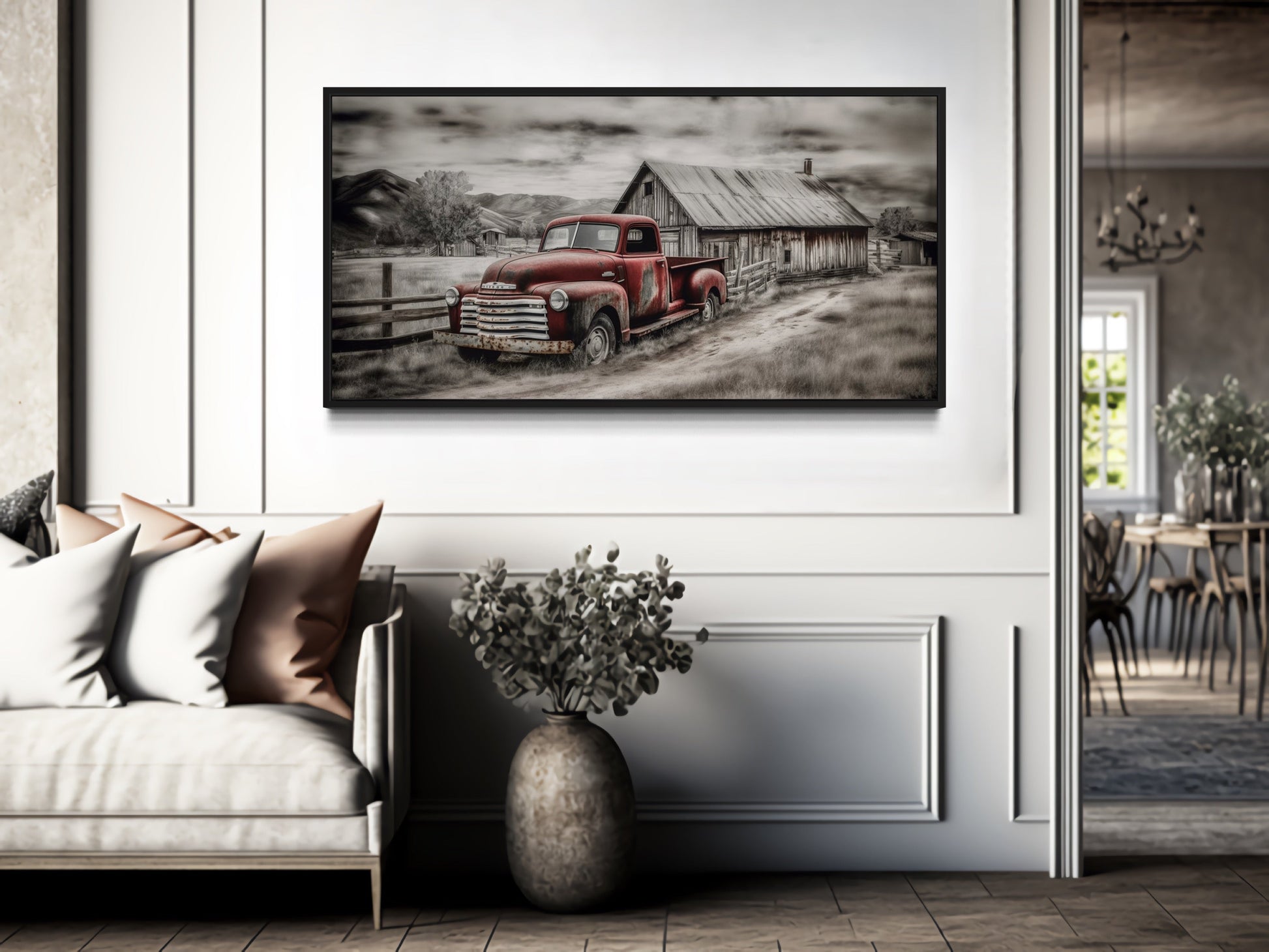 Red Truck And Barn Rustic Farmhouse Wall Decor Canvas Wall Art