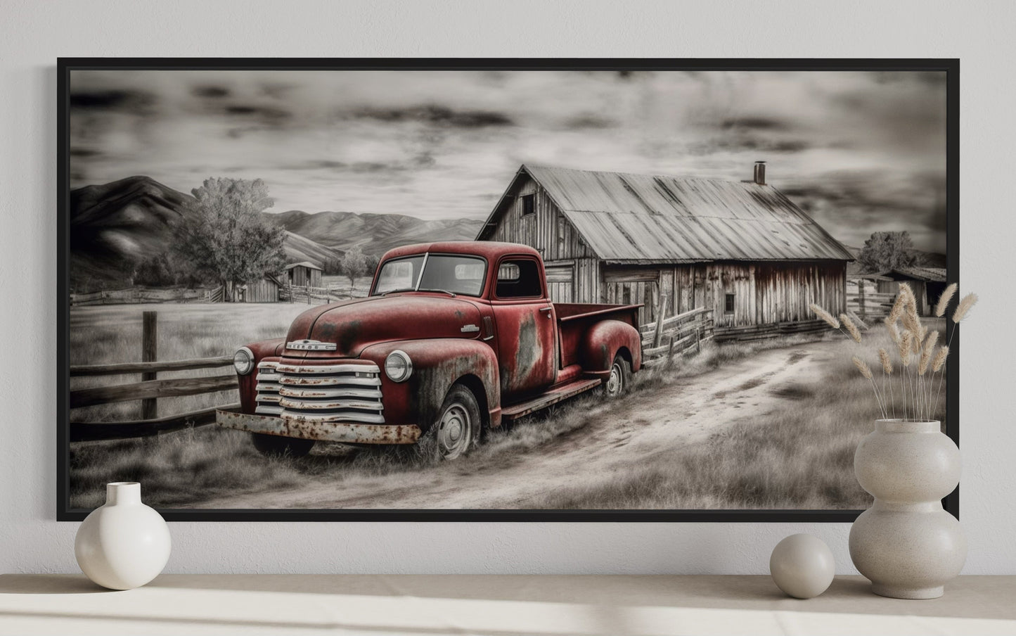 Red Truck And Barn Rustic Farmhouse Wall Decor Canvas Wall Art
