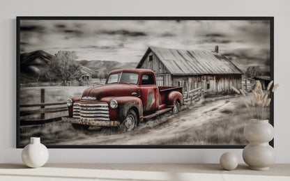Red Truck And Barn Rustic Farmhouse Wall Decor Canvas Wall Art