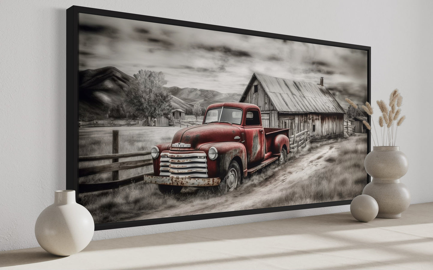 Red Truck And Barn Rustic Farmhouse Wall Decor Canvas Wall Art