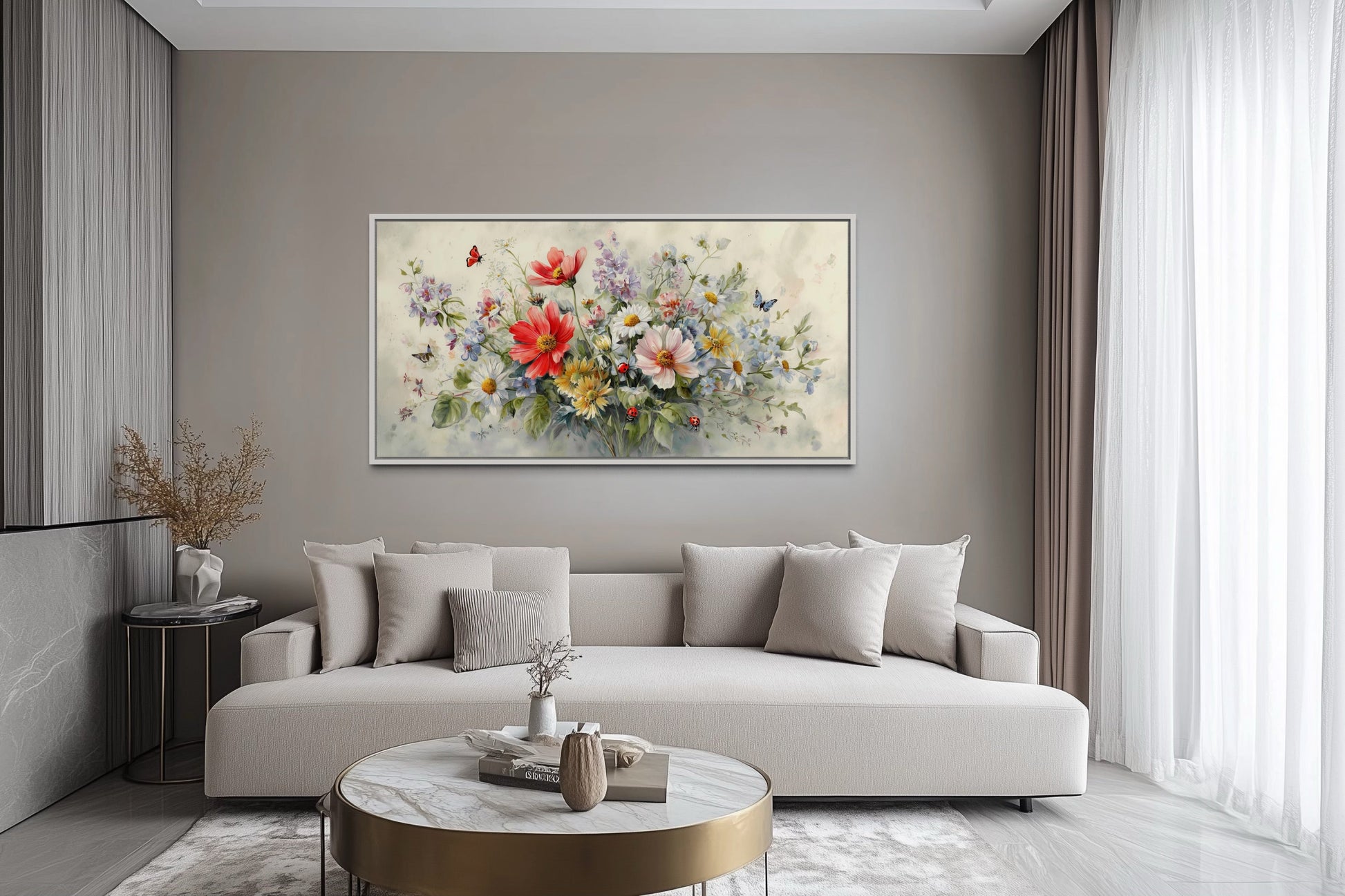 Red Wildflowers Bouquet With Ladybugs And Butterflies Watercolor Botanical Framed Canvas Wall Art