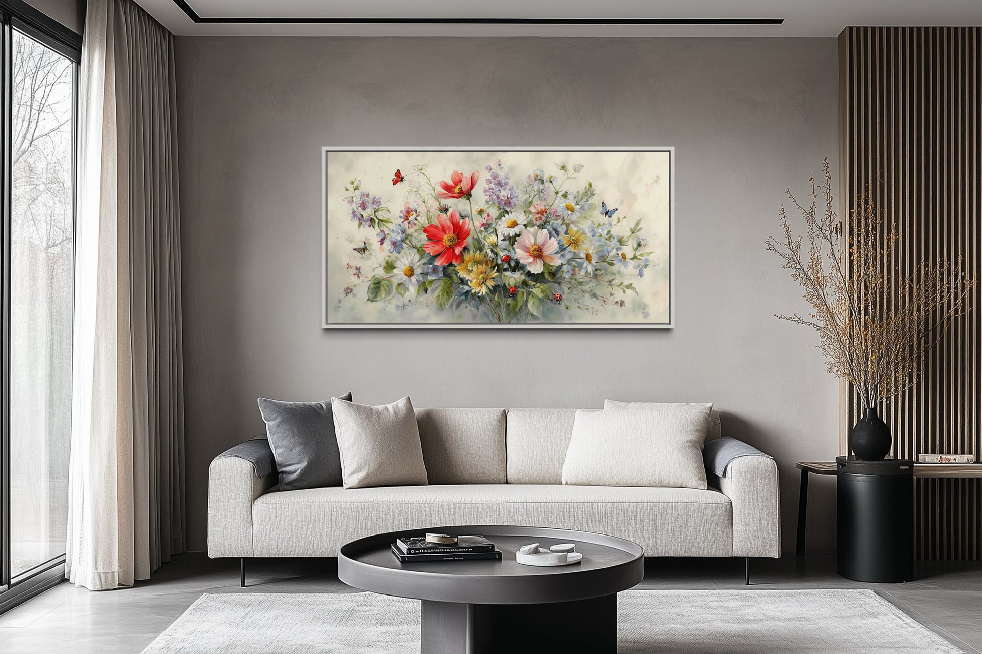 Red Wildflowers Bouquet With Ladybugs And Butterflies Watercolor Botanical Framed Canvas Wall Art
