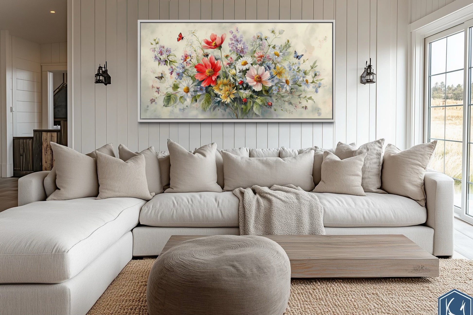 Red Wildflowers Bouquet With Ladybugs And Butterflies Watercolor Botanical Framed Canvas Wall Art