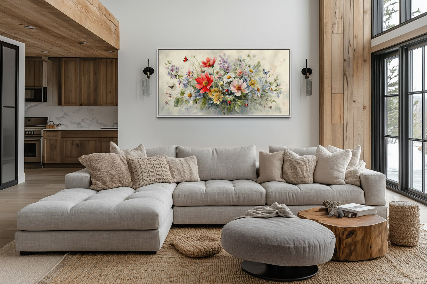 Red Wildflowers Bouquet With Ladybugs And Butterflies Watercolor Botanical Framed Canvas Wall Art