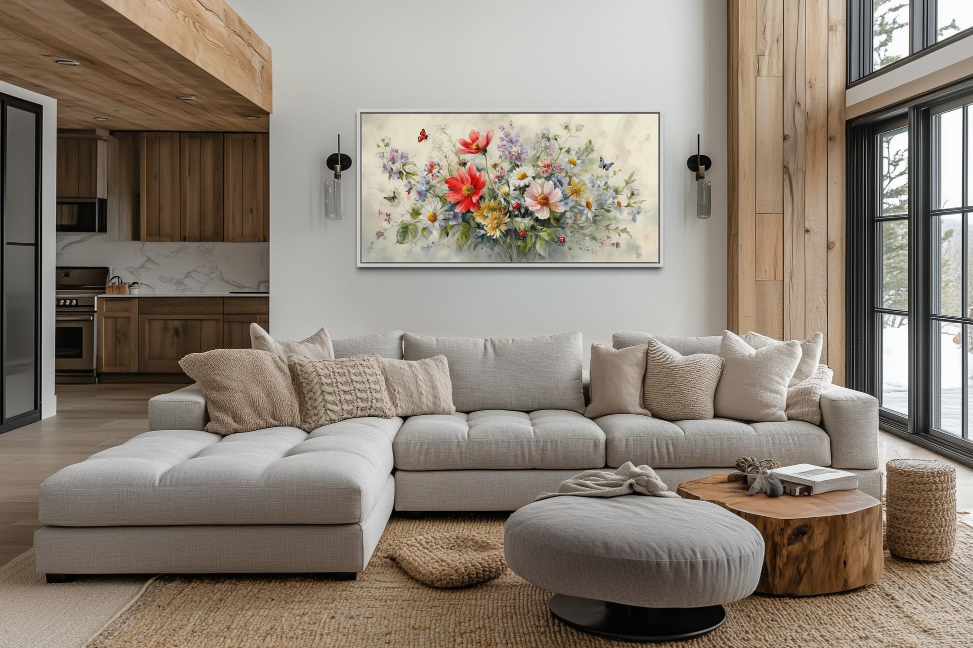 Red Wildflowers Bouquet With Ladybugs And Butterflies Watercolor Botanical Framed Canvas Wall Art