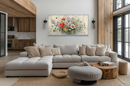 Red Wildflowers Bouquet With Ladybugs And Butterflies Watercolor Botanical Framed Canvas Wall Art