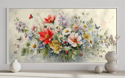 Red Wildflowers Bouquet With Ladybugs And Butterflies Watercolor Botanical Framed Canvas Wall Art
