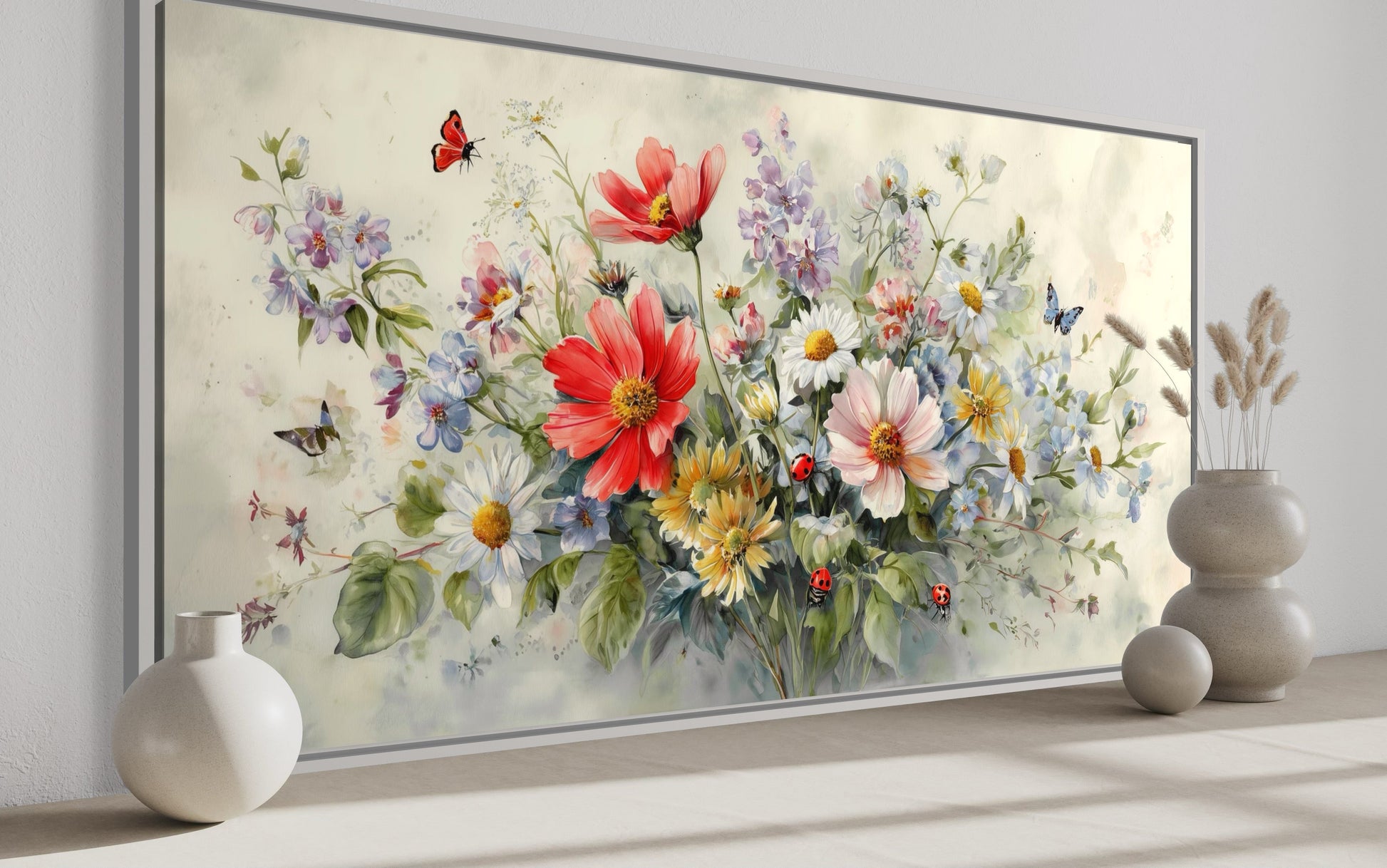 Red Wildflowers Bouquet With Ladybugs And Butterflies Watercolor Botanical Framed Canvas Wall Art