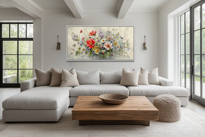 Red Wildflowers Bouquet With Ladybugs And Butterflies Watercolor Botanical Framed Canvas Wall Art