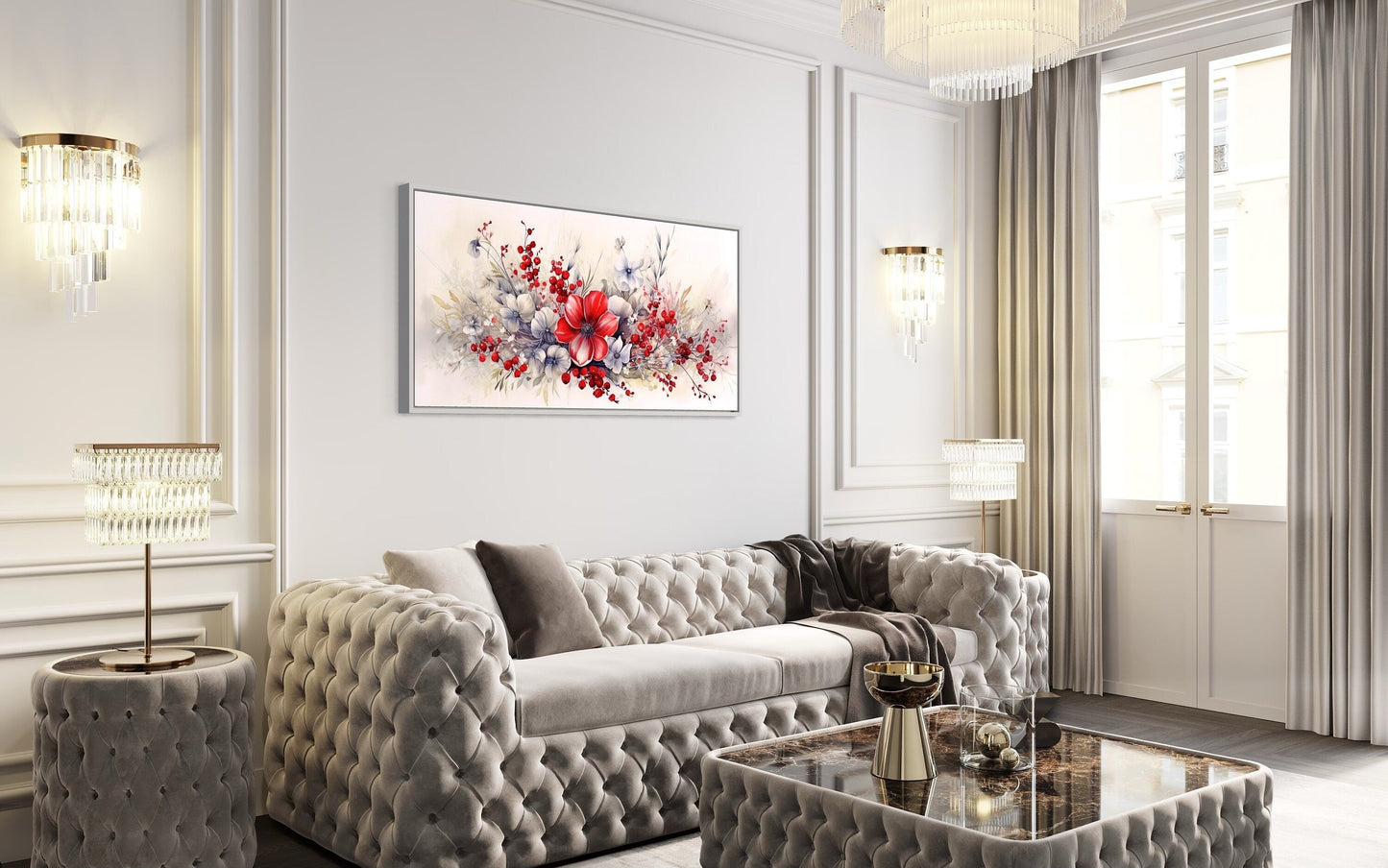 Red Wildflowers Wall Art – Framed Canvas Print | Rustic Floral Artwork for Living Room