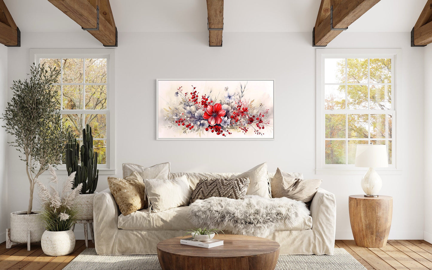 Red Wildflowers Wall Art – Framed Canvas Print | Rustic Floral Artwork for Living Room