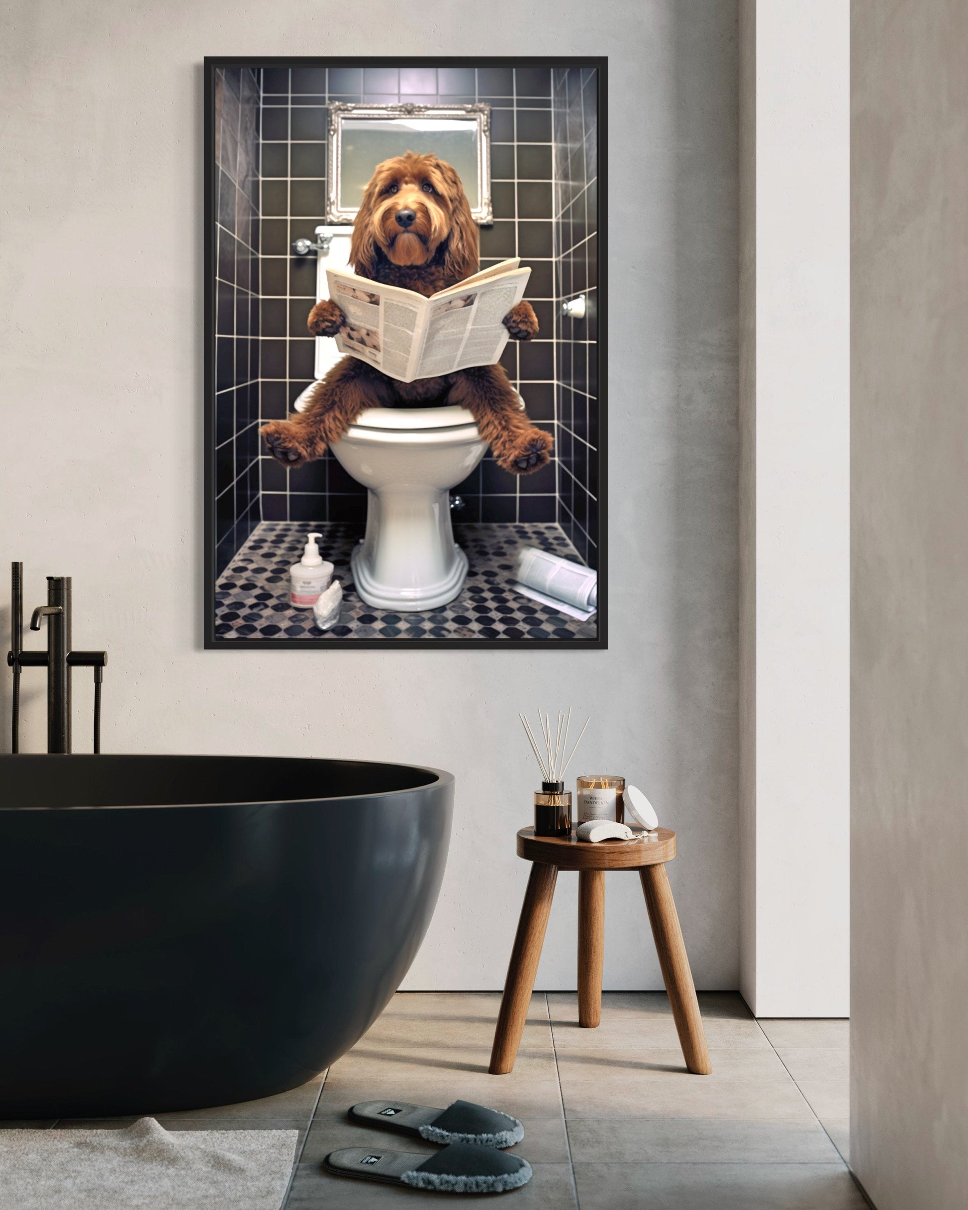 Red/Brown Goldendoodle Dog On The Toilet Reading Newspaper Picture Canvas Wall Art