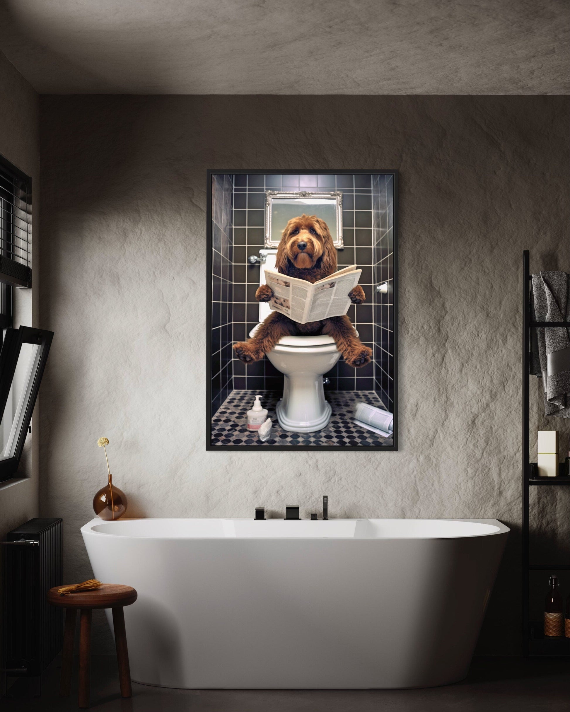 Red/Brown Goldendoodle Dog On The Toilet Reading Newspaper Picture Canvas Wall Art