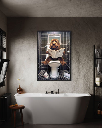Red/Brown Goldendoodle Dog On The Toilet Reading Newspaper Picture Canvas Wall Art