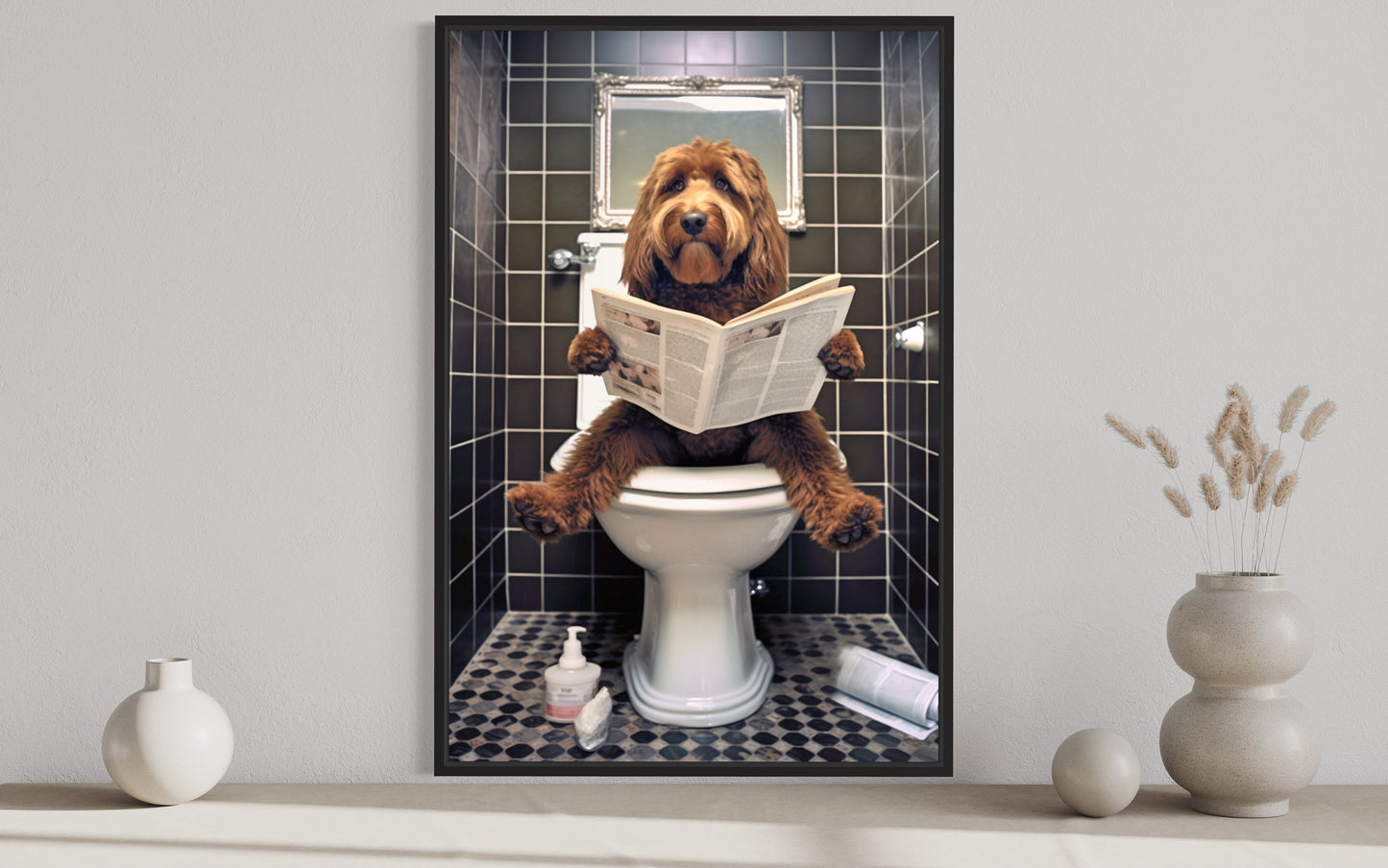 Red/Brown Goldendoodle Dog On The Toilet Reading Newspaper Picture Canvas Wall Art