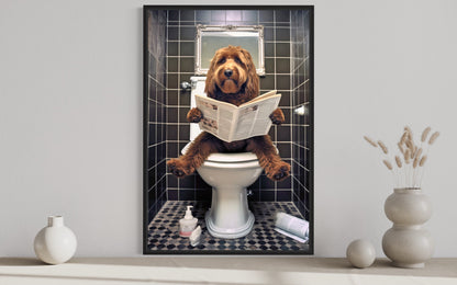 Red/Brown Goldendoodle Dog On The Toilet Reading Newspaper Picture Canvas Wall Art