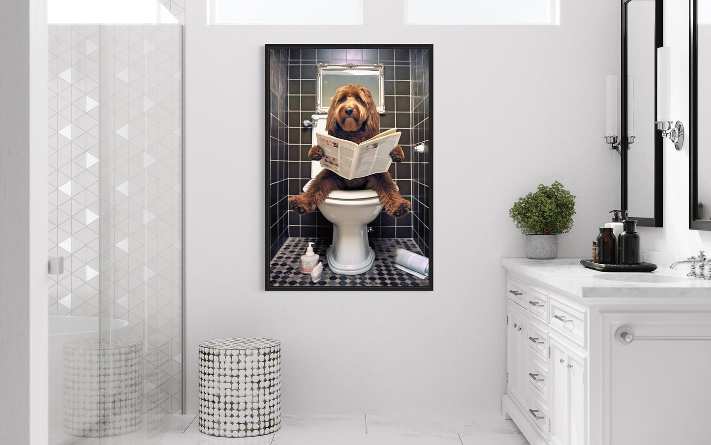 Red/Brown Goldendoodle Dog On The Toilet Reading Newspaper Picture Canvas Wall Art