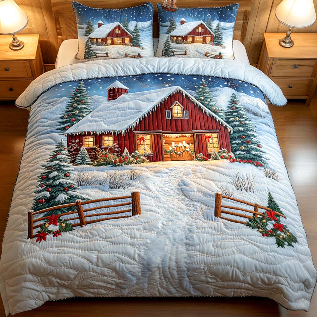Red Barn Christmas Eve 3-Piece Quilted Bedding Set - Single (59" x 70")