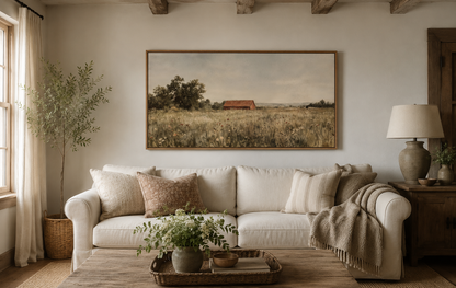 Red Barn in Wildflower Field Neutral Country Farmhouse Wall Art