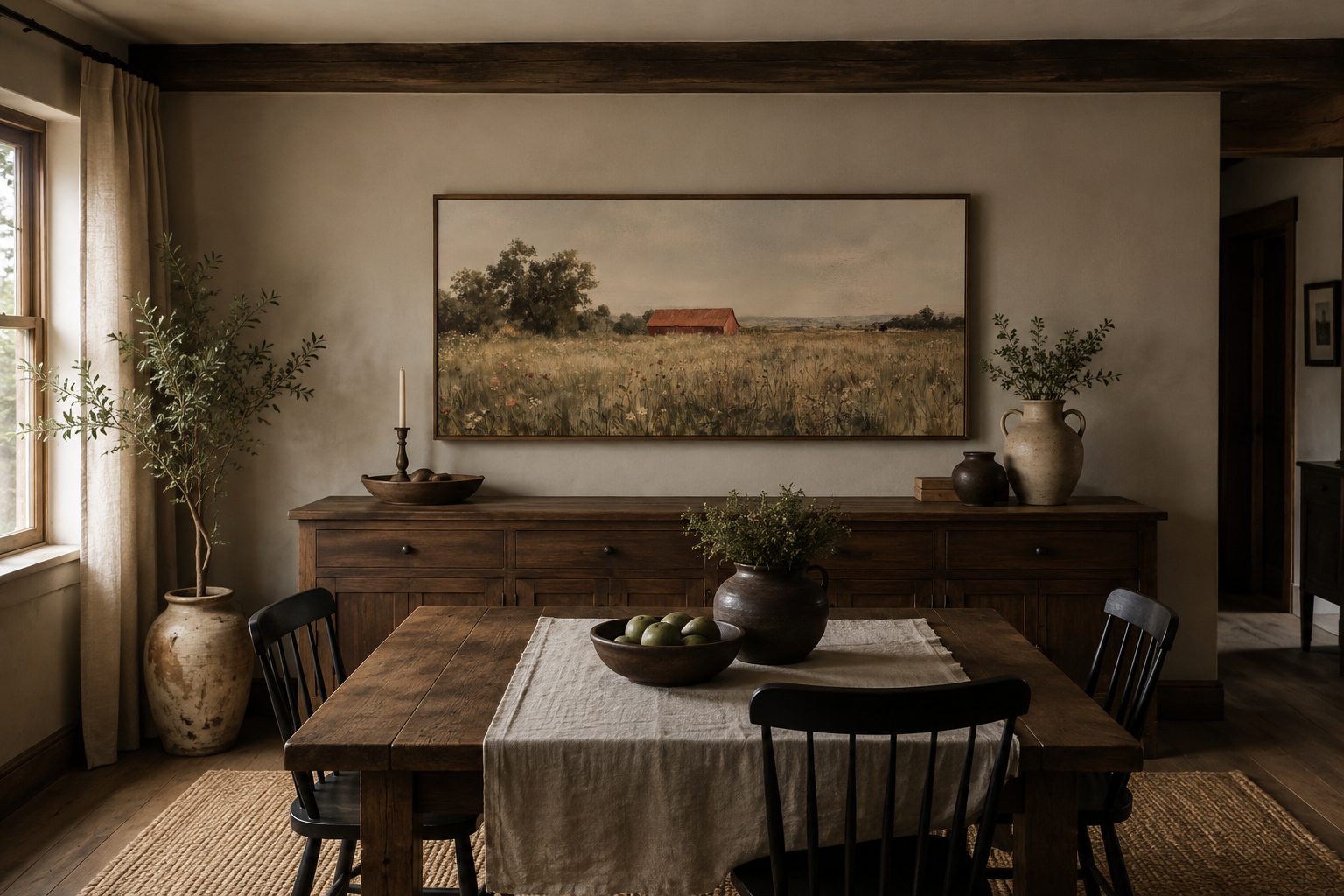 Red Barn in Wildflower Field Neutral Country Farmhouse Wall Art