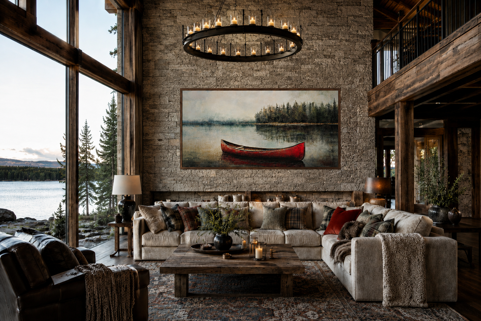 Rustic Red Canoe In The Lake Framed Canvas Wall Art For Lake House Decor