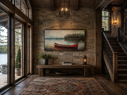 Rustic Red Canoe In The Lake Framed Canvas Wall Art For Lake House Decor