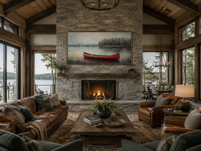 Rustic Red Canoe In The Lake Framed Canvas Wall Art For Lake House Decor