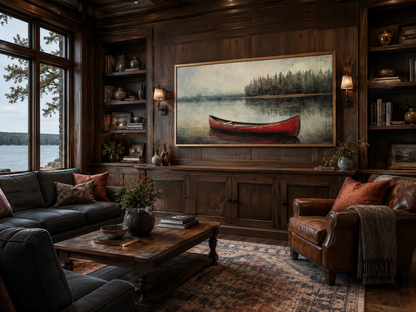 Rustic Red Canoe In The Lake Framed Canvas Wall Art For Lake House Decor