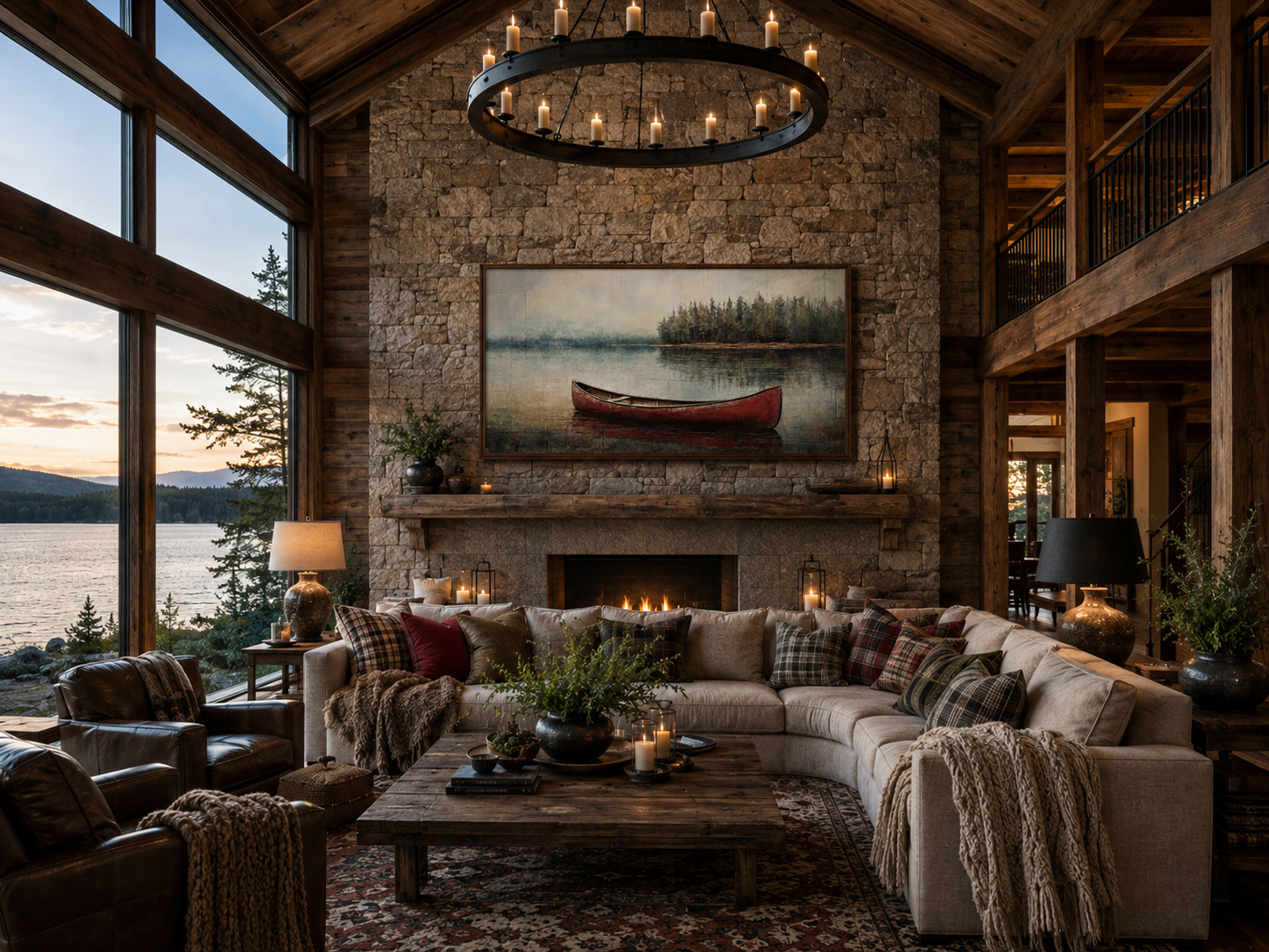 Rustic Red Canoe In The Lake Framed Canvas Wall Art For Lake House Decor