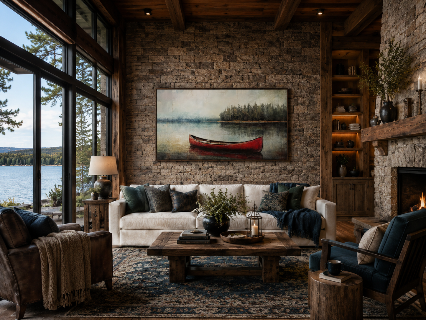 Rustic Red Canoe In The Lake Framed Canvas Wall Art For Lake House Decor